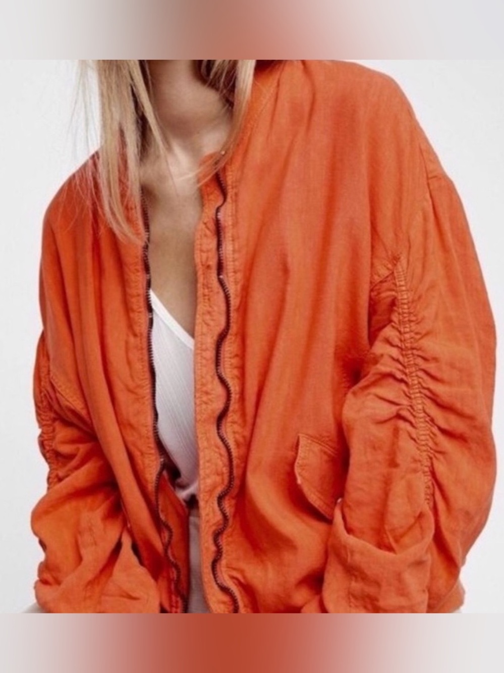 Free People Linen Blend Ruched Bomber Jacket